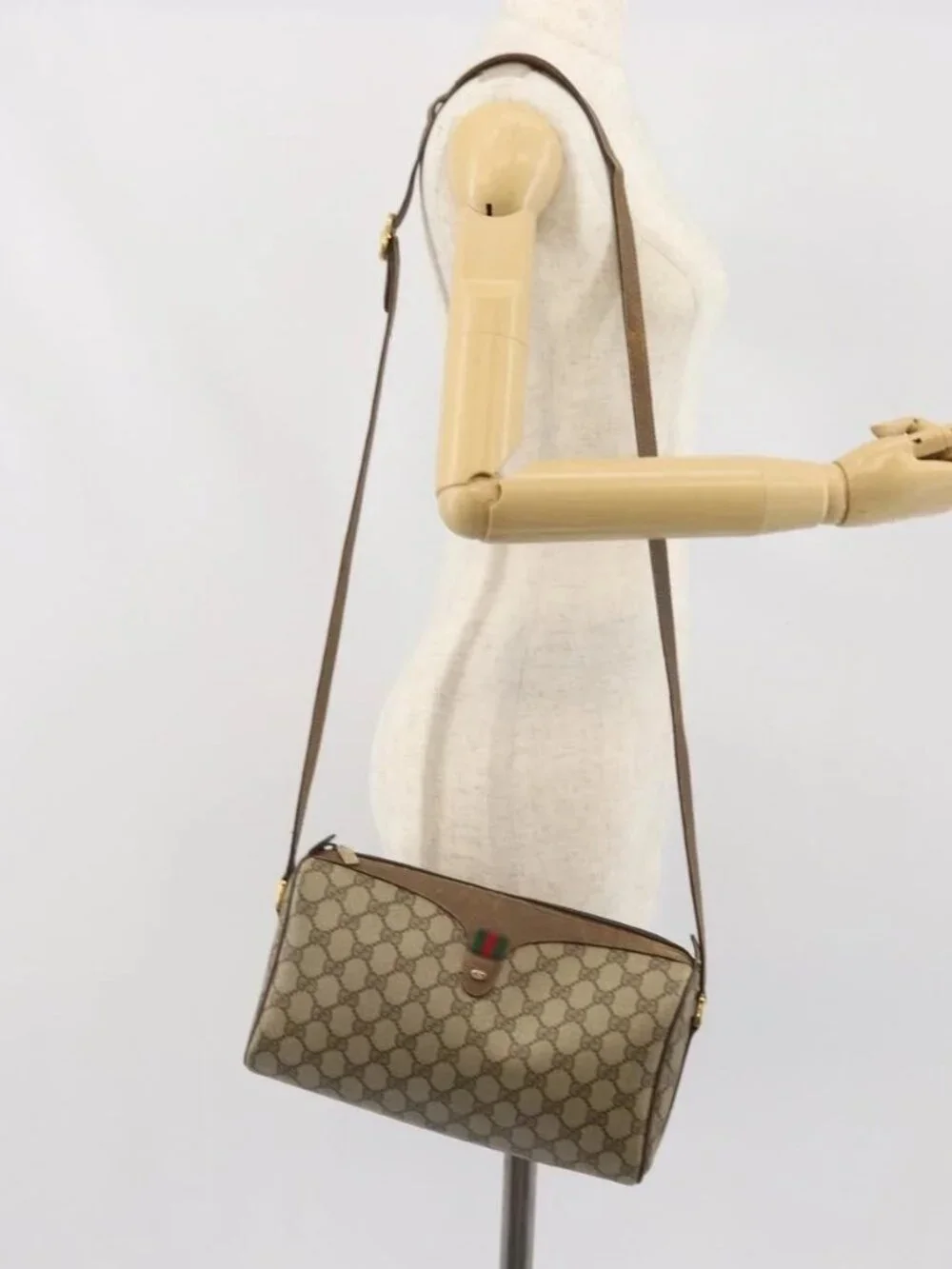 GUCCI GG Supreme Web Sherry Line Bag PVC Beige Gold 89 02 017 Auth 169801 - Picture 15 of 16
